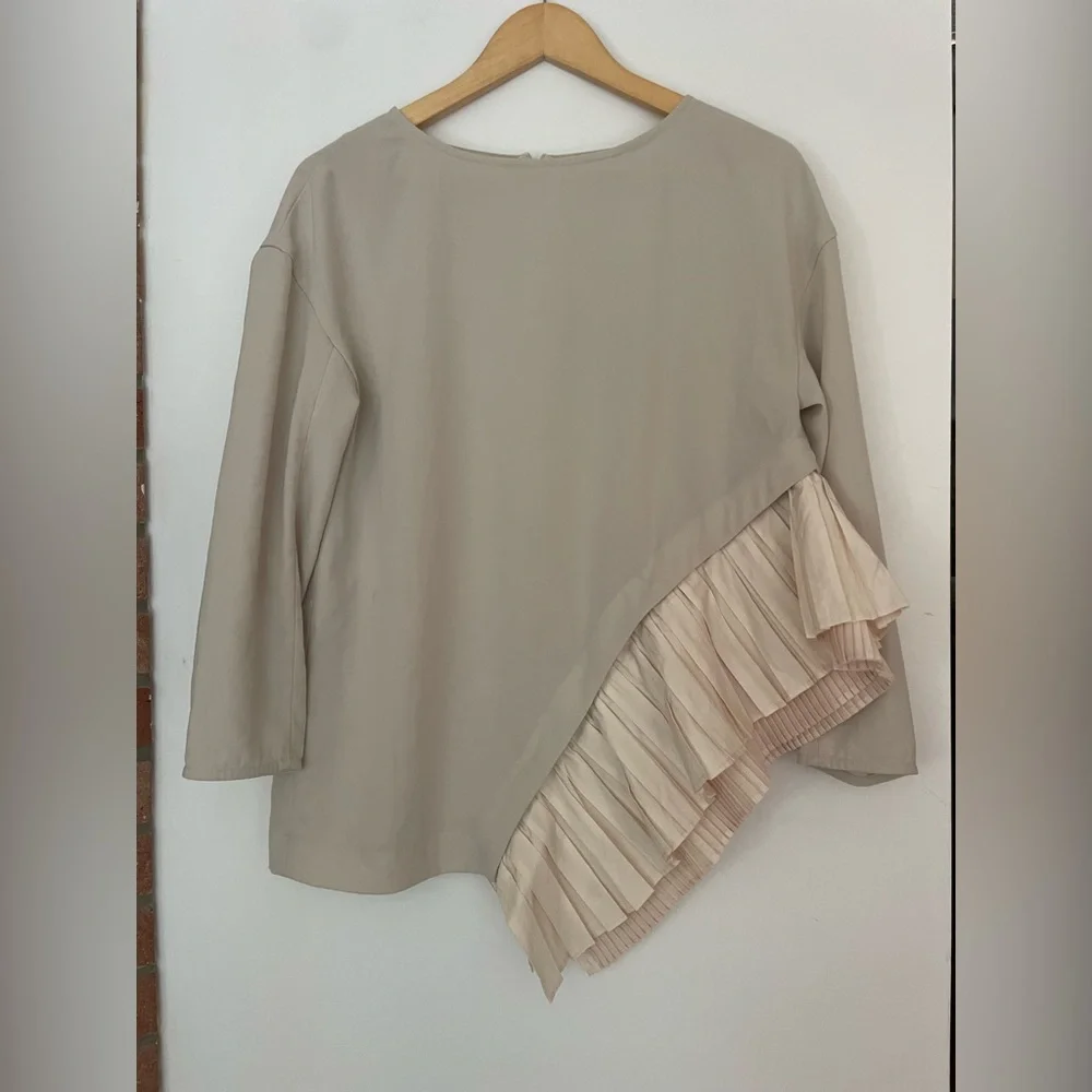 Elendeek Tail Pleated Bell Sleeve Sweatshirt Beige  Blouse  Pleated Accent - Picture 3 of 6